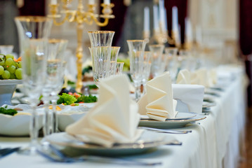 delicious dishes on the table in the restaurant. serving table.