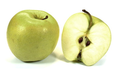 Whole and half green Apple isolated on white background