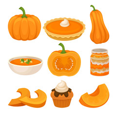 Tasty pumpkin dishes set, fresh ripe pumpkin and traditional Thanksgiving food vector Illustration on a white background