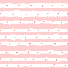 Seamless pattern of curves pink stripes with hearts. Vector image for holiday, baby shower, birthday, Valentine's Day, wrappers, print, clothes, cards, banner, textiles, girls - obrazy, fototapety, plakaty