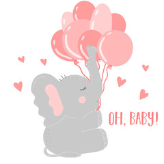 Vector image of an elephant with pink balls and hearts. Illustration for celebrating baby shower, birthday of girl. Invitation and greeting card.