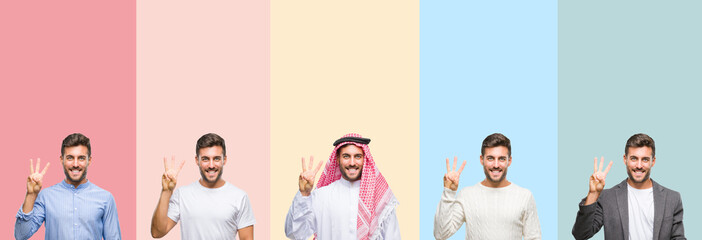 Collage of handsome young man over colorful stripes isolated background showing and pointing up with fingers number three while smiling confident and happy.