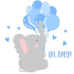 Vector image of an elephant with blue balls and hearts. Illustration for celebrating baby shower, birthday of boy. Invitation and greeting card.