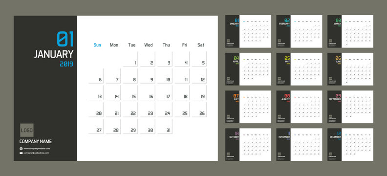 Modern minimal Calendar Planner Template for 2019. Vector design editable template with set of 12 pages for the twelve months.  Week starts sunday