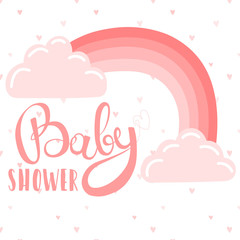 Vector illustration of a pink rainbow and the inscription Baby Shower on a background of hearts. Image for girls. The concept of holidays, birthday, wrappers, prints, clothes, cards, banner, flyer.