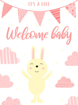 Vector illustration of rabbit, pink clouds and flags. Image for girls. Concept for holidays, baby shower, birthday, wrappers, print, clothes, cards, banner, textile, flyer.