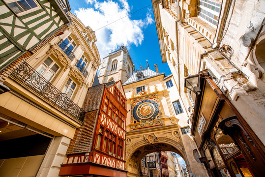 Street view with famous Great Clock astronomical clock in Rouen, the capital of Normandy region in France