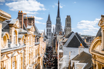 Aerial citysape view of Rouen with famous cathedral during the sunny day in Normandy, France - obrazy, fototapety, plakaty