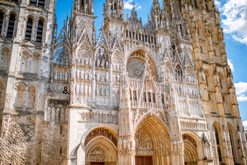 Facade fragment of the famous Rouen gothic cathedral in Normandy region, France