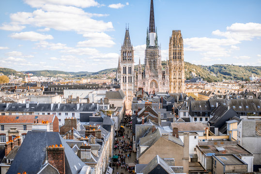 Aerial citysape view of Rouen with famous cathedral during the sunny day in Normandy, France