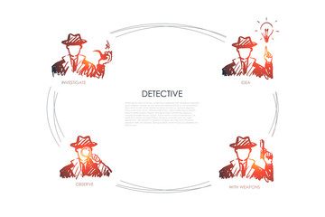 Detective - investigate, observe, idea, with weapons vector concept set