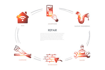 Repair - doorphone, sanitary engineering, builder, stonemason, carpenter, wi-fi vector concept set