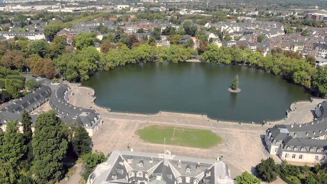 Germany Dusseldorf Benrath Castle pond Aerial drone view
