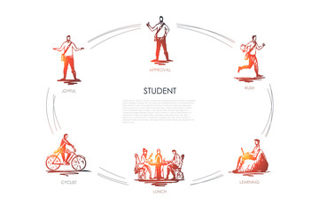 Student - joyful, cyclist, approval, rush, learning, lunch vector concept set