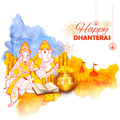 Naklejka premium Gold coin in pot for Dhanteras celebration on Happy Dussehra light festival of India background