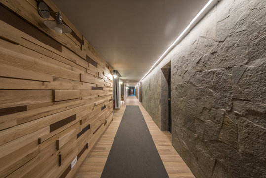 Long Hallway And Ceiling In Modern Hotel