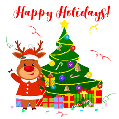 Happy New Year and Merry Christmas greeting card. A cute deer in a Santa Claus costume are standing next to the Christmas tree and holding a gift. Cartoon style. Vector