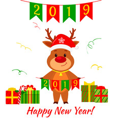 Fototapeta premium Happy New Year and Merry Christmas greeting card. A cute deer in a Santa hat and a bell holding flags 2019. Boxes with gifts. Cartoon style. Vector