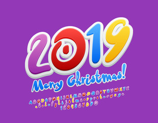 Fototapeta na wymiar Vector colorful Greeting Card Happy Merry Christmas 2019! Children handwritten Font. Funny rotated Alphabet Letters, Numbers, Symbols.