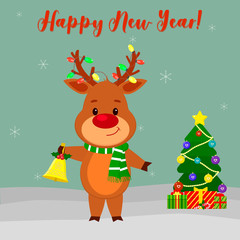 Happy New Year and Merry Christmas Greeting Card. Cute deer in a scarf and garland on the horns. Christmas tree, winter and snowflakes. Cartoon style. Vector