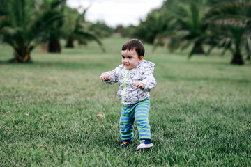 first steps of cute baby boy on footpath among greens