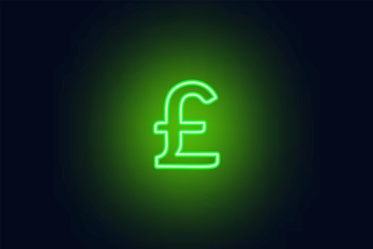 Neon pound sterling sign on a dark background. Wealth, Success concept.