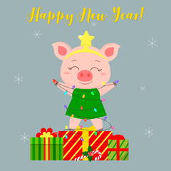 Happy New Year and Merry Christmas greeting card. Cute pig in a suit Christmas tree and a garland. It is on the box with a gift. The symbol of the new year in the Chinese calendar. Vector