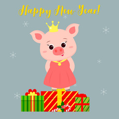 Fototapeta premium Happy New Year and Christmas greeting card. Cute pig in a santa suit holding a broom for the Christmas tree. It is on the box with a gift. The symbol of the new year in the Chinese calendar. Vector