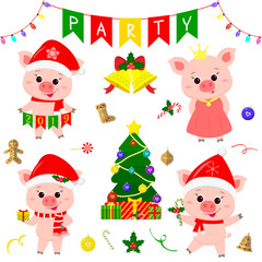 Happy New Year and Merry Christmas. A set of four cute pigs in different costumes. Christmas tree, gifts and other party items. The symbol of the new year in the Chinese calendar. 2019. Vector