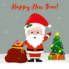 Happy New Year and  Christmas  card. Cute Santa Claus in glasses is holding a red bag with gifts, a Christmas tree and a present in winter against the background of snowflakes. Cartoon style, vector