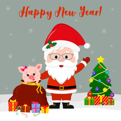 Happy New Year and Christmas  Card. Cute Santa Claus in glasses holds a red bag with a cute pig, a Christmas tree and a gift in the winter against the background of snowflakes. Cartoon style, vector