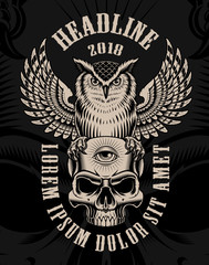 Vintage illustration of owl on the skull