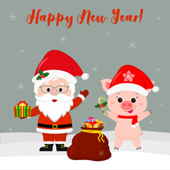 Happy New Year and  Christmas  card. Santa Claus with glasses and a cute pig in a Santa hat with a lollipop. Red bag with a gift in the winter on the background of snowflakes. Cartoon style, vector