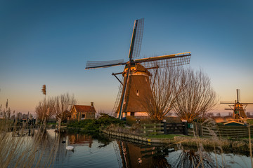 Fototapeta na wymiar Dutch windmill near the river Rotte during the golden hour