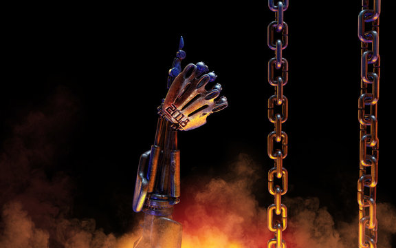 Robot hand with digits 2018 thumb up immersed in a hot metal cauldron.  New year greeting card concept. 3D illustration.