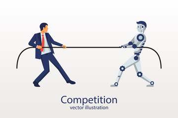 Man with the robot is competing. Tug of war. Who is stronger. Vector illustration flat design. Isolated on white background. Versus concept. People against machine.