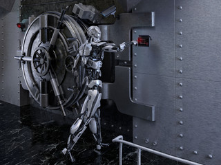Fototapeta na wymiar Robot cyborg android opening bank depository vault door. Finansial, banking business security and robotic ai technology concept. 3D illustration