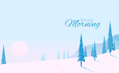 Winter morning blue landscape with fir trees and snow.