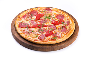 Spicy tasty pizza with salami and red pepper