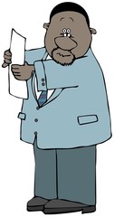 Illustration of a black businessman holding up a piece of paper or form.