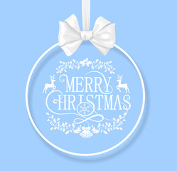 Obraz premium Blue Merry Christmas greeing card with beautiful satin bow.