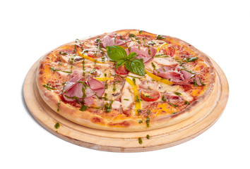 Delicious pizza served on wooden plate isolated on white