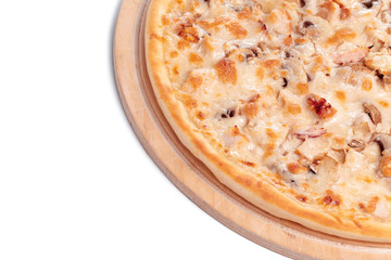 Italian fast food. Delicious hot pizza sliced and served on wooden platter isolated on white background
