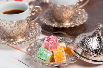 Turkish delight on a wooden table