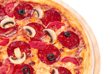 Italian fast food. Delicious hot pizza sliced and served on wooden platter isolated on white background