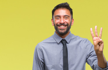 Adult hispanic business man over isolated background showing and pointing up with fingers number three while smiling confident and happy.