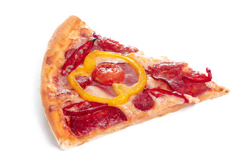 Slice of tasty pizza with vegetables and basil isolated on white