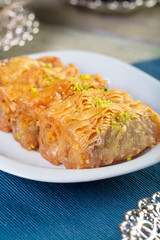 Handmade baklava, traditional turkish pastry close up