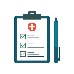 Medical test with pen in flat style. Questionnaire on a clipboard paper. Medical form list with test results, insurance or medicine service concept, prescription record. Vector illustration