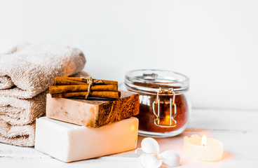 Preparation for spa treatments on white background